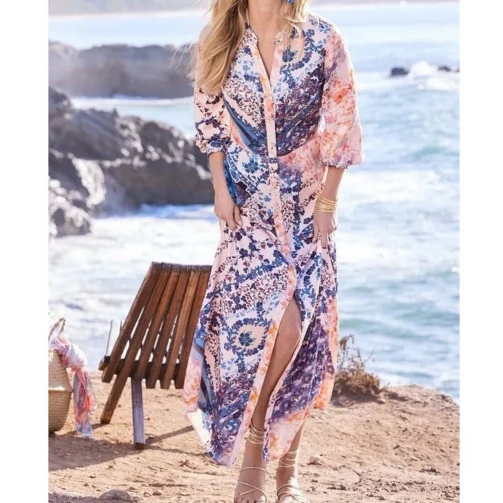 Soft Surroundings Nassau Satin Belted Maxi Dress Women's XL Peach Blue Floral